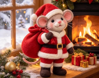 Needle Felted Santa Mouse, Handmade Wool Mouse Figurine, Christmas Shelf Decor, Rustic Christmas Holiday Gift,Tiered Tray Decor, 3-5 Inch