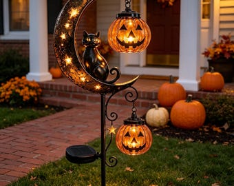 Solcellslampa för trädgårdsstång med månen och svart katt, dubbel Jack O'Lantern i metall, Halloween-dekoration för utomhusgången, present till kattentusiaster