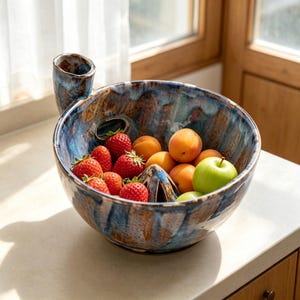 May include: A round ceramic bowl with a blue and brown glazed finish, featuring a built-in spout and a central divider. The bowl is filled with fresh strawberries, apricots, and a green apple, showcasing a glossy, textured surface throughout.