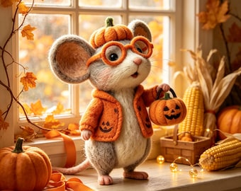 Needle Felted Halloween Mouse Figurine, Handmade Wool Felt Mini Mouse,Autumn Fall Table Ornament,Halloween Gift, Pumpkin Tiered Tray Decor