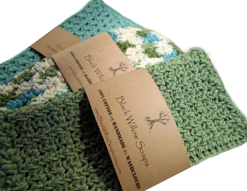 Blue Green White Crochet Cotton Washcloth Set Pack Of 3 Rustic Farmhouse Washcloths Farm House Bath Cloths Bath Decor - 