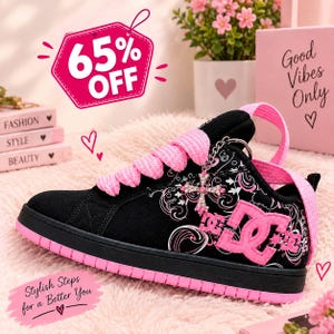 May include: A black trainer with a bright pink sole, pink laces, and a pink DC logo on the side. The shoe features a white floral pattern, a silver cross charm with pink stones, and a pink heel pull tab. Text on the image includes 65% OFF and Stylish Steps for a Better You.