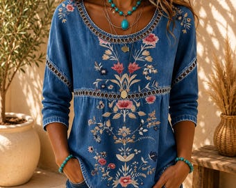 Boho-Bluse mit Blumenmuster und langen Ärmeln, locker geschnittenes Vintage-Top aus Leinenmischung