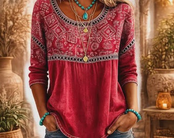Boho Floral Blouse,Women's Long Sleeve Shirt, Casual Detail Top Round Neck Tunic Blouse