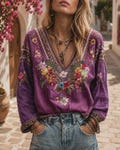 Linen Boho VNeck Blouse Women Printed Retro Summer Top Casual Loose Tunic Shirt,  Bohemian .