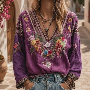 Chemisier bohème en lin à col en V pour femme, imprimé rétro, haut d'été décontracté, tunique ample, style bohème.