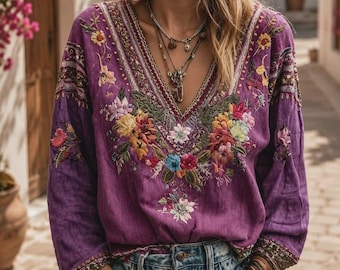Linnen boho blouse met V-hals voor dames, bedrukte retro zomertop, casual losse tuniek, boho.