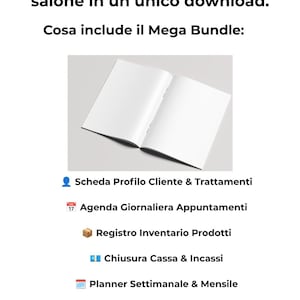 Può includere: Un pacchetto di download digitale per la gestione di un salone con un quaderno bianco aperto e un elenco di documenti: Scheda Profilo Cliente, Agenda Giornaliera Appuntamenti, Registro Inventario, Chiusura Cassa, Planner e Registro Spese.
