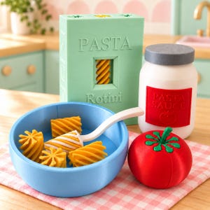 3D-utskrivet pastalekset, rotini, gaffel, skål, såsburk, tomat (låtsasmat)
