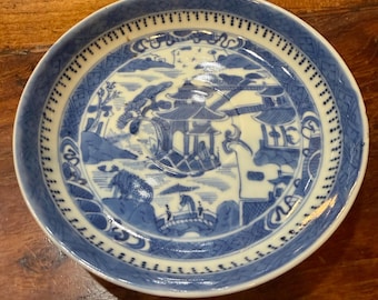 Antyczny chiński talerz z niebiesko-białym pejzażem kantońskim z epoki Qing, 5,25 cala, porcelanowy talerz z XIX wieku, apokryficzny znak Kangxi, azjatycka ceramika artystyczna