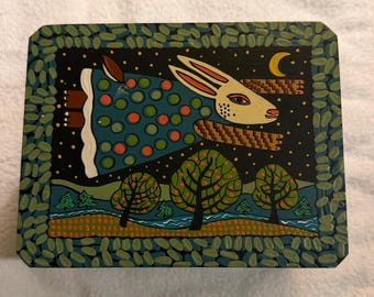 Vintage 1999 Hand Painted Folk Art Rabbit Wooden Box – Signed M. Hollister – Whimsical Flying Bunny