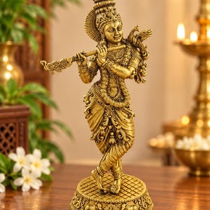 Peut inclure: Une statue en laiton doré représentant une silhouette debout jouant de la flûte. La silhouette porte des bijoux ornés, une couronne et des vêtements drapés. Un petit oiseau repose sur l'épaule. La statue repose sur une base circulaire sculptée.