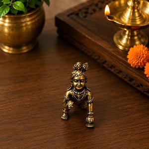 Könnte beinhalten: Eine kleine, goldfarbene Metallfigur, die ein krabbelndes Kind mit detaillierten Gesichtszügen darstellt, geschmückt mit verziertem Schmuck und einer Pfauenfeder im Haar. Die Figur ist mit einem strukturierten Antik-Finish versehen.