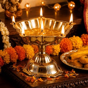 May include: A polished gold-toned metal oil lamp featuring a wide, scalloped bowl with five lit wicks. The lamp stands on a decorative, flared pedestal base with embossed detailing along the edges, reflecting the warm glow of the flames.