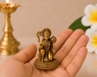 Brass Hanuman Idol, Bajrangbali Statue, Seated Gada Figurine, Indian Pooja Decor