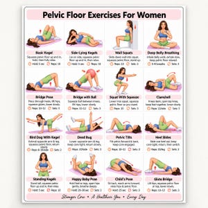 Può includere: Un poster didattico bianco intitolato Pelvic Floor Exercises For Women che presenta sedici passaggi illustrati per vari esercizi. Ogni sezione include il nome dell'esercizio, istruzioni descrittive e il numero di ripetizioni.