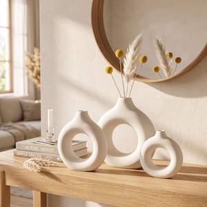 White Donut Vase, Circular Hollow Plant Pot, Minimalist Home Decor, Pampas Grass Holder, Living Room Centerpiece, Boho Decoration