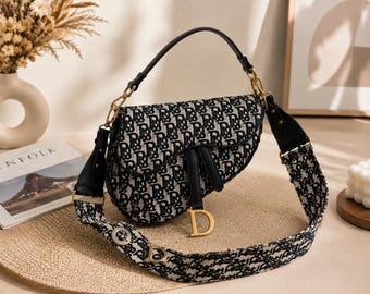 Black & White Monogram Saddle Bag, Structured Shoulder Bag with Adjustable Strap