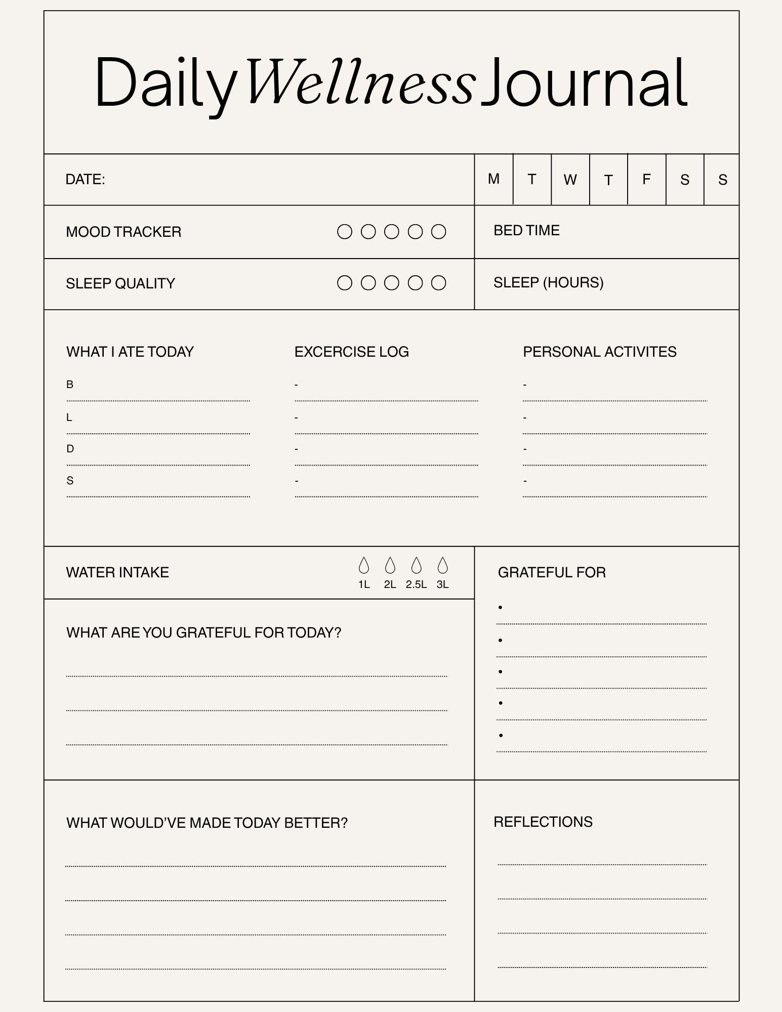 Daily Wellness Journal Printable Digital Planner Habit Tracker Self Care Journal Gratitude Journal Instant Download