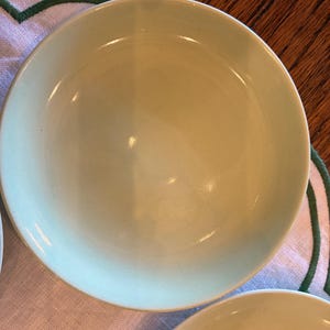 May include: A round, shallow bowl with a smooth, pale mint green glazed finish. The interior of the bowl is concave and features a glossy surface that reflects light, while the rim is simple and circular, showcasing a clean, minimalist design.