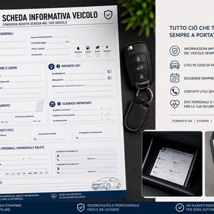 Può includere: Una scheda informativa veicolo in formato A4 con testo e icone blu, che include sezioni per dati generali, fluidi motore, luci, pneumatici, scadenze, contatti e salute. Include una penna nera e una chiave dell'auto.