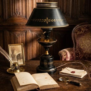 May include: A black and gold metal table lamp with a wide shade featuring a gold leaf pattern, an open book with aged pages, a glass inkwell with a white feather quill, a stack of envelopes with a red wax seal, and a handheld magnifying glass.