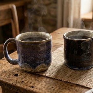 May include: Two ceramic mugs filled with hot liquid emitting steam. The left mug features a mottled blue and tan glaze with a curved handle, while the right mug has a dark brown, textured finish. Both vessels have a rustic, hand-thrown appearance.