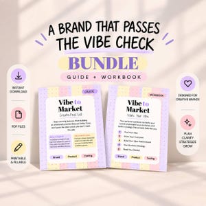 May include: A digital bundle featuring a guide and workbook titled A Brand That Passes The Vibe Check. The documents have a pastel color palette with stripes and dots, including text sections for Vibe to Market, Create Feel Sell, and Work Your Vibe.
