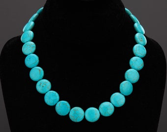 Large turquoise coin chain necklace,round flat turquoise gemstone necklace,Layered turquoise necklace,Mother Jewelry,