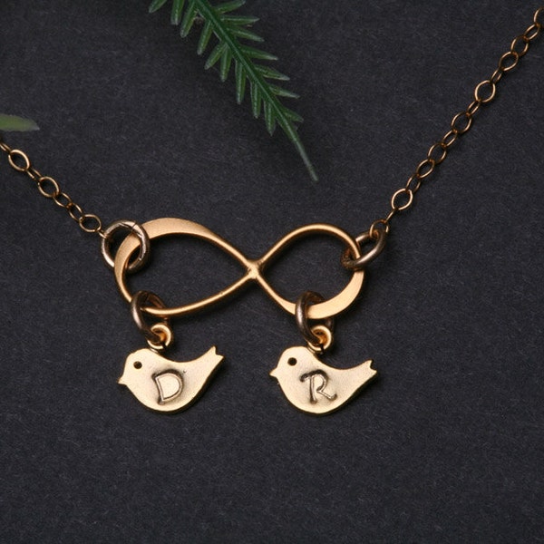 Gold Infinity necklace with bird initial charm,bird initial necklace,family infinity necklace,mother daughter gift,infinite love necklace
