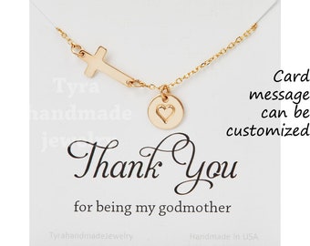 Godmother gift,Sideways cross necklace,initial necklace,custom font,hand stamped initial,font choice,horizontal cross,custom note card