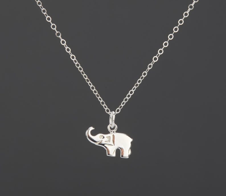 May include: A silver-toned necklace featuring a small, flat elephant-shaped pendant suspended from a delicate cable chain. The elephant charm is oriented to the left with a raised trunk and a smooth, polished metallic finish throughout the piece.