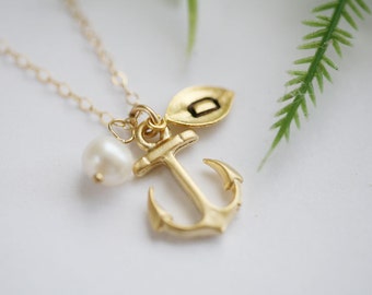 Gold Anchor Necklace,Anchor leaf initial necklace,Pearl,Sailors Anchor,Beach wedding jewelry,Bridesmaid initial gift,hope strength anchor