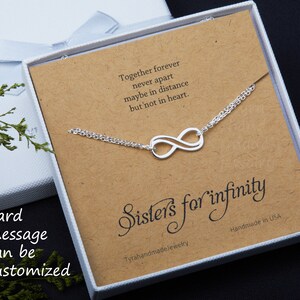 Pulseira de prata dupla infinita, pulseira de amor eterno, presente de amizade, irmãs para o infinito, presente de mãe e noivo, cartão de nota personalizado, aniversário