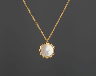 Gold dipped Rainbow mother of pearl radiant disc necklace on note card,White gold dipped framed Mother of pearl necklace,Best friend gift