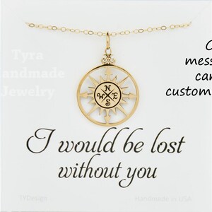Gouden kompas ketting met boodschapkaart, groot kompas ketting, vriendschap ketting, afstuderen cadeau, aangepaste berichtkaart, bruidsmeisje geschenken