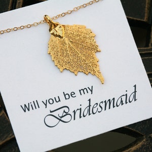 Birch Leaf met tekstkaartje, zilver of goud birch Leaf, bruidsmeisje Gift, partij huwelijksgeschenk, herfst herfst bruiloft, leaf jewelry