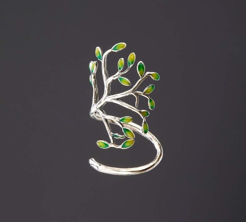 Enameled tree of life silver plated open ring,lively green leaf tree of life open ring,mother's day gift,grandma gift image 1