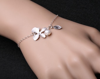 Orchid flower and leaf initial sterling silver bracelet,Flower jewelry,Flower girl,Bridesmaid gifts,Wire wrapped pearl,Adjustable bracelet