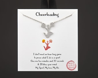 Cheerleader Necklace Gift | White Gold Dipped Cheer Charm Necklace | Cheerleading Jewelry | Sports Spirit Gift + Inspirational Note Card