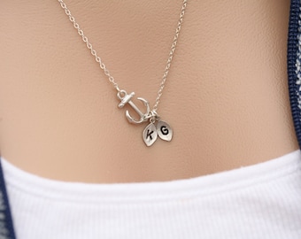 Sideways Anchor Necklace,initial leaf necklace,monogram necklace,hope strength anchor,Sailor navy wife gift,Bridesmaid gift,family anchor