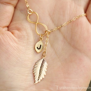 Gold Infinity feather necklace,initial leaf necklace,infinity feather lariat,hand stamped monogram,bridesmaid gift,Mother jewelry,friendship