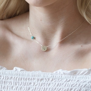 custom stone initial necklace,Tiny turquoise bead,initial disc connector,hand stamped monogram Necklace,Personalized jewelry,custom font, image 1