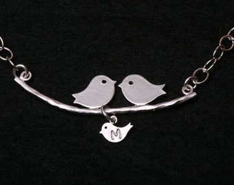bird Initial bracelet,Bird family on branch,monogram bracelet,Mother gift,hand stamped initial,Mom and baby,anniversary gift,family initials
