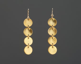 Four tier Gold Brushed Coin Earrings,long Drop Earrings,Tiny textured disc Earrings,gold Dot Earrings,Minimalist Earrings