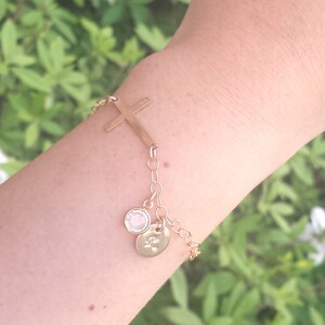 Sideways cross bracelet,initial bracelet,custom birthstone,hand stamped monogram,font choice,God mother gift,Mothers day gift,birthday image 2