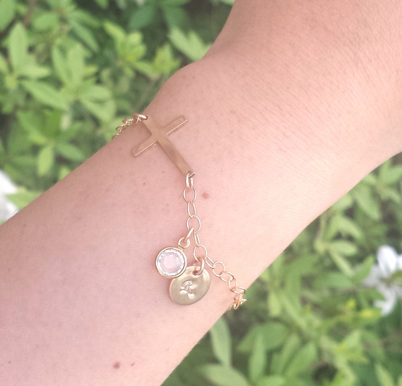 Sideways cross bracelet,initial bracelet,custom birthstone,hand stamped monogram,font choice,God mother gift,Mothers day gift,birthday image 2