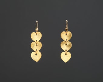 Three gold heart Earrings,brushed satin textured heart earring,Dangle swing heart coin earrings,gold Dot Earrings