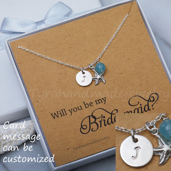 Prsonalized Starfish initial necklace,custom birthstone,Hand stamped monogram tag,bridesmaid gift,beach ocean wedding gift,custom note card