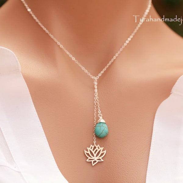 Collier Lotus avec pierre de naissance personnalisée, Lariat, collier Y, cadeau de demoiselle d'honneur, bijoux de mariage, cadeau d'anniversaire, bijoux de yoga, carte de correspondance personnalisée